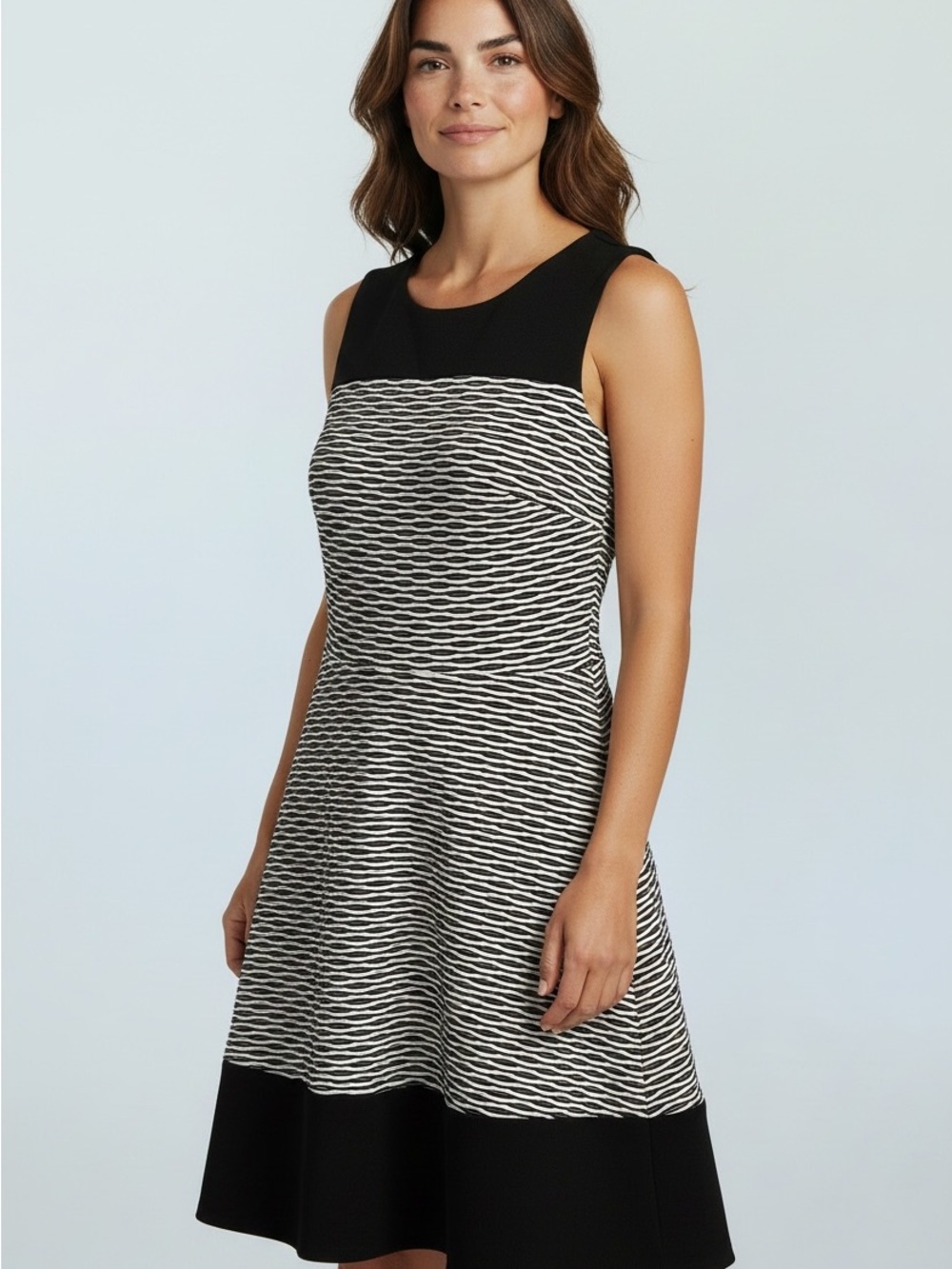 Roz & Ali Black and White Textured Fit-and-Flare Dress